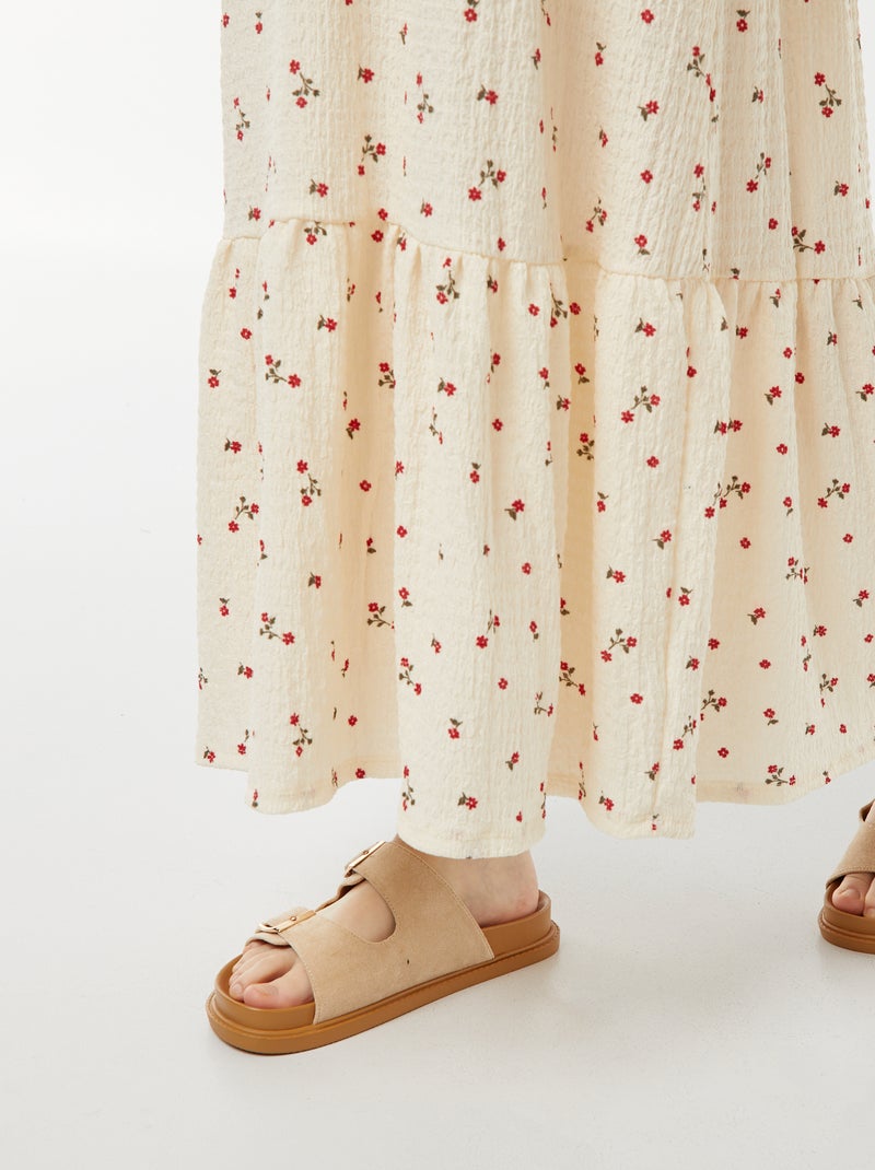 Lange jurk van wafelstof met spaghettibandjes BIEGE - Kiabi