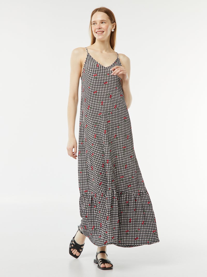 Lange jurk van wafelstof met spaghettibandjes ZWART - Kiabi