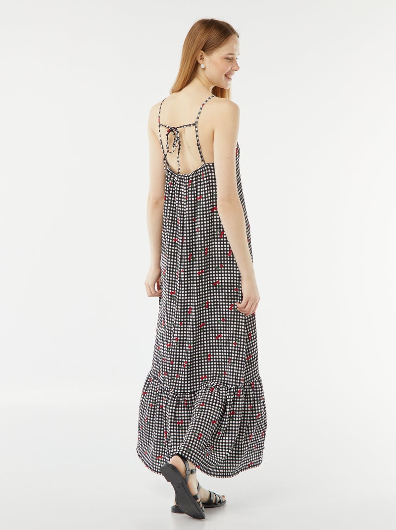 Lange jurk van wafelstof met spaghettibandjes ZWART - Kiabi
