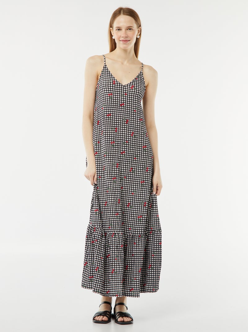 Lange jurk van wafelstof met spaghettibandjes ZWART - Kiabi