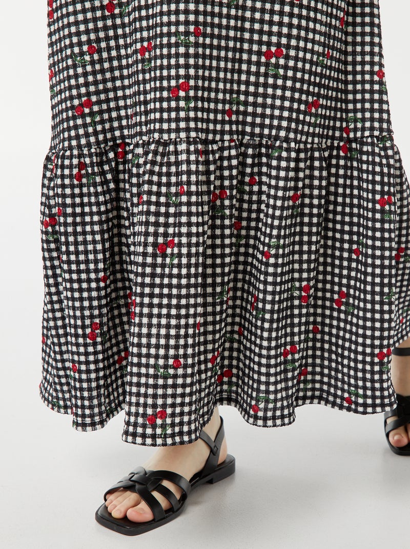 Lange jurk van wafelstof met spaghettibandjes ZWART - Kiabi