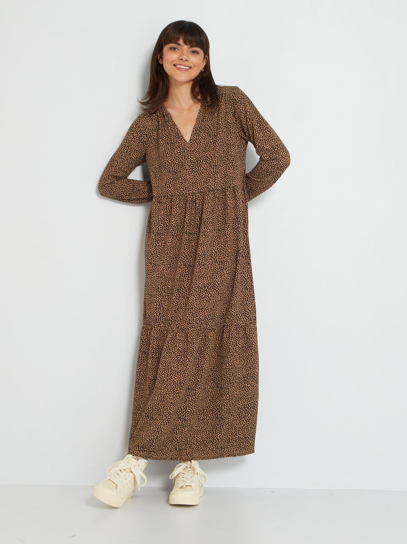 Lange jurk van wafeltricot BRUIN - Kiabi
