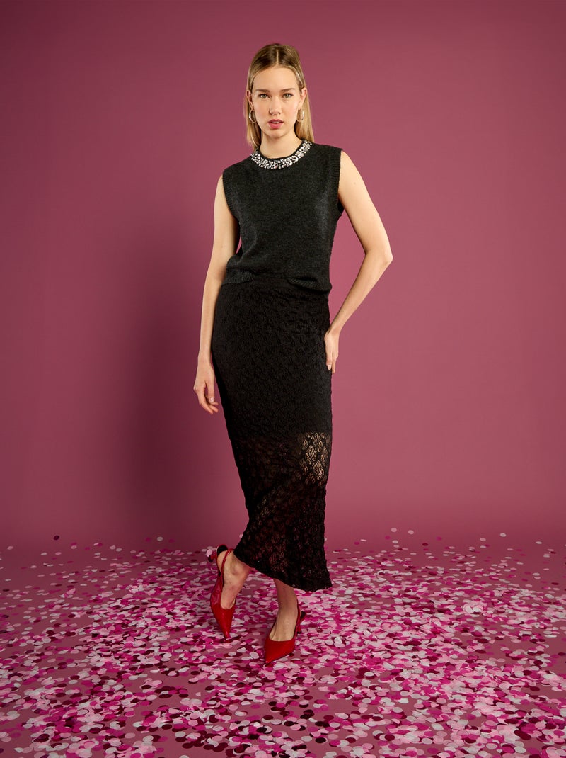 Lange kanten rok zwart - Kiabi