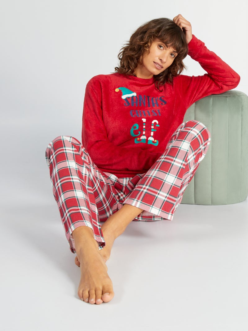 Lange kerstpyjama van velours - 2-delig ROOD - Kiabi