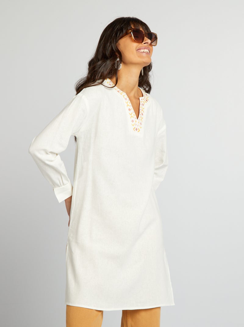 Lange linnen blouse met henleykraag WIT - Kiabi