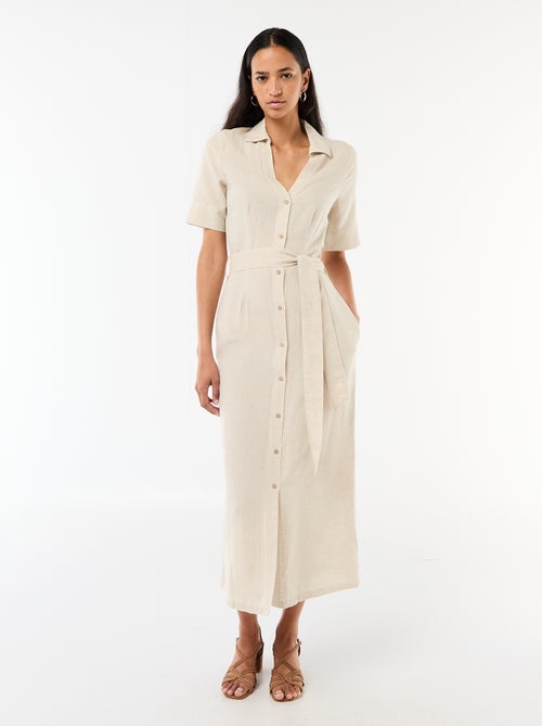 Lange overhemdjurk met korte mouwen van katoen en linnen - Kiabi