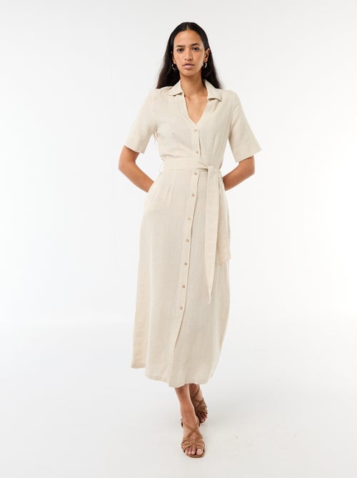 Lange overhemdjurk met korte mouwen van katoen en linnen - Kiabi