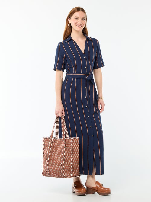 Lange overhemdjurk met korte mouwen van katoen en linnen - Kiabi