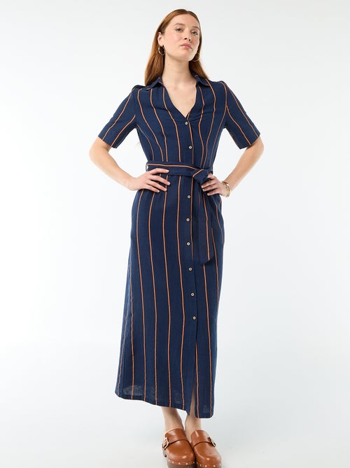 Lange overhemdjurk met korte mouwen van katoen en linnen - Kiabi