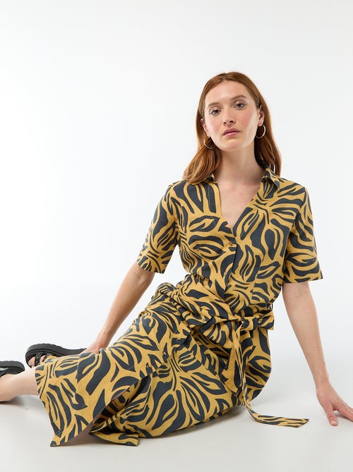 Lange overhemdjurk met korte mouwen van katoen en linnen - Kiabi