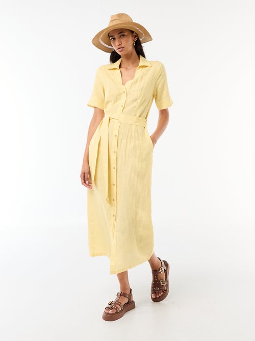 Lange overhemdjurk met korte mouwen van katoen en linnen - Kiabi