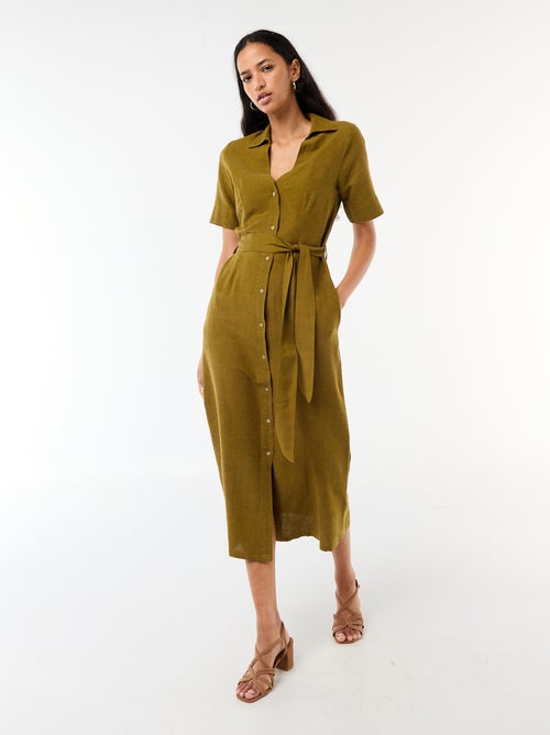 Lange overhemdjurk met korte mouwen van katoen en linnen - Kiabi