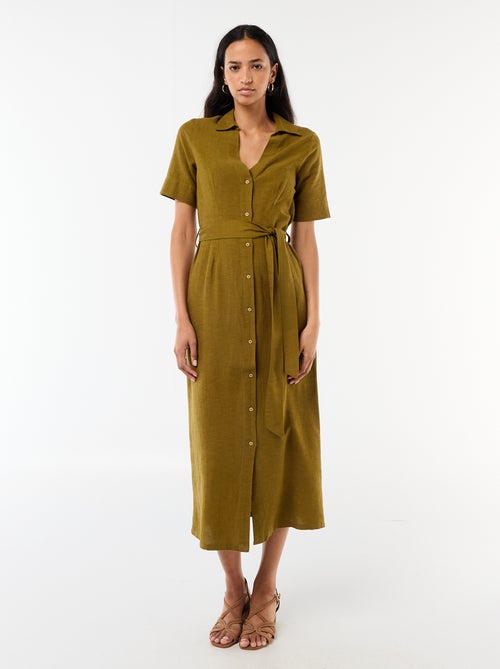 Lange overhemdjurk met korte mouwen van katoen en linnen - Kiabi