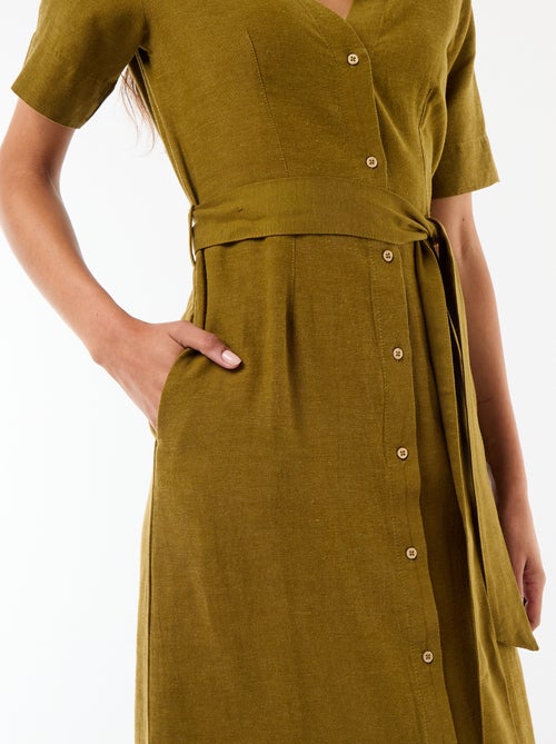 Lange overhemdjurk met korte mouwen van katoen en linnen - Kiabi