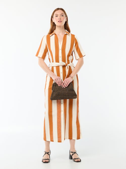 Lange overhemdjurk met korte mouwen van katoen en linnen - Kiabi