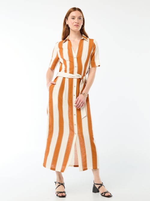 Lange overhemdjurk met korte mouwen van katoen en linnen - Kiabi
