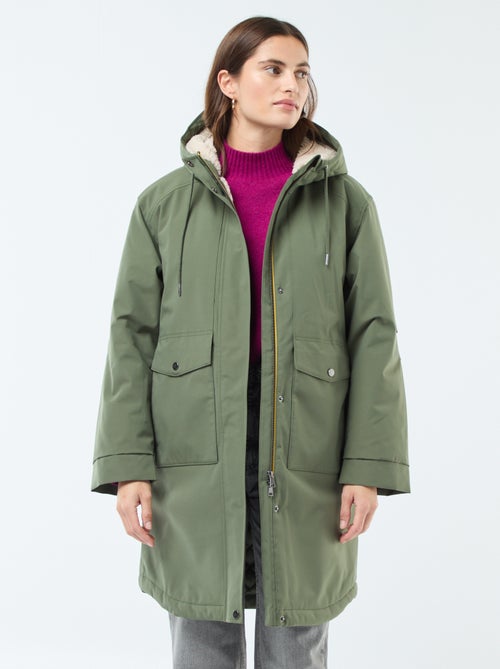 Lange parka met capuchon en voering met schapenvachteffect - Kiabi
