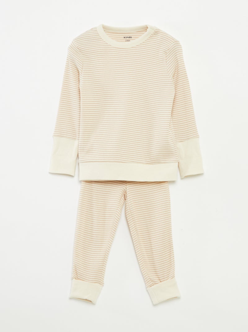 Lange pyjama - T-shirt + broek met strepenmotief - 2-delig Biege - Kiabi