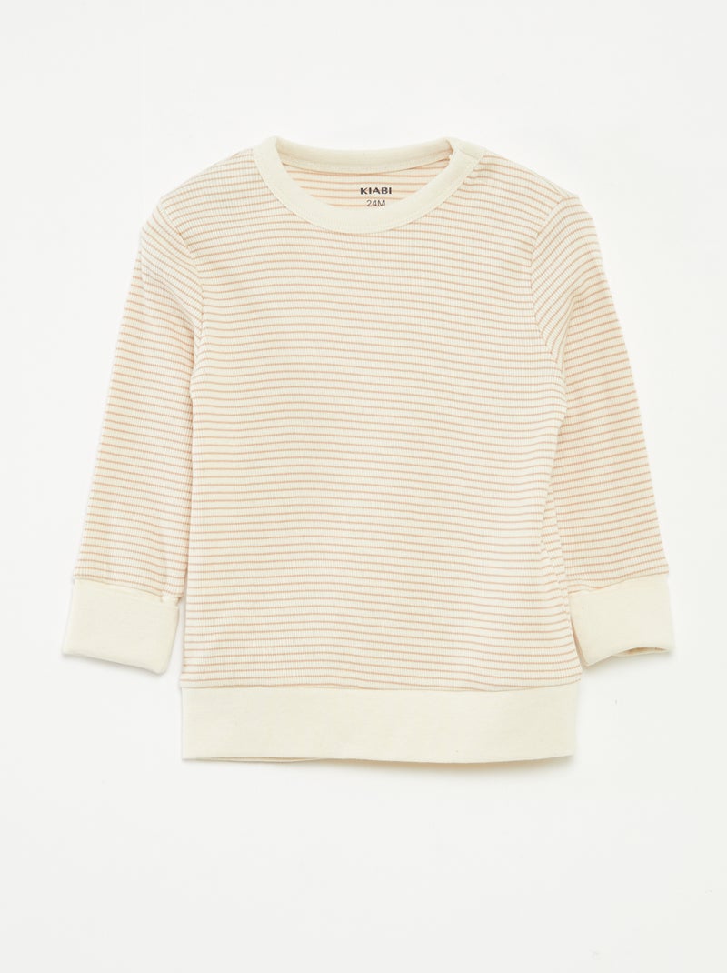 Lange pyjama - T-shirt + broek met strepenmotief - 2-delig Biege - Kiabi