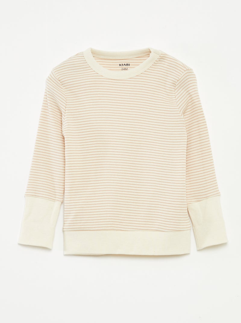 Lange pyjama - T-shirt + broek met strepenmotief - 2-delig Biege - Kiabi