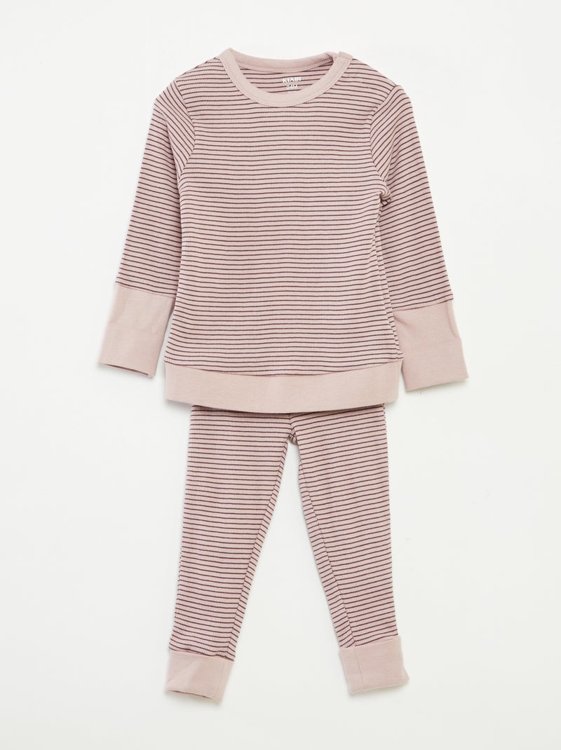 Lange pyjama - T-shirt + broek met strepenmotief - 2-delig Paars - Kiabi