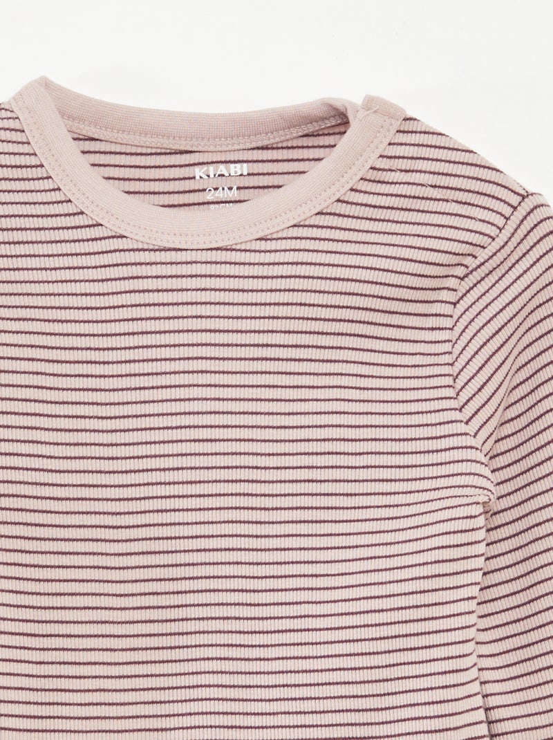 Lange pyjama - T-shirt + broek met strepenmotief - 2-delig Paars - Kiabi