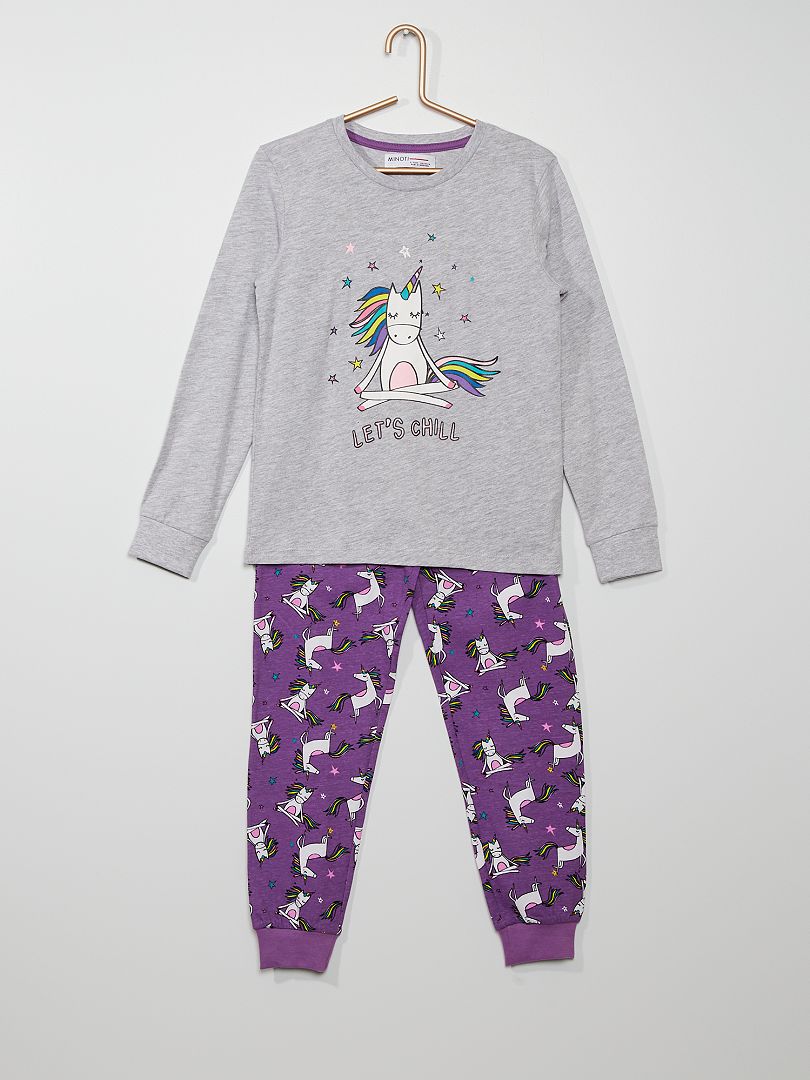Lange pyjama met eenhoornprint paars / grijs - Kiabi