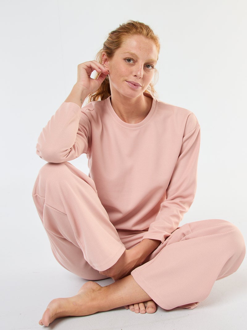 Lange pyjama met wafeltextuur - 2-delig Rose - Kiabi