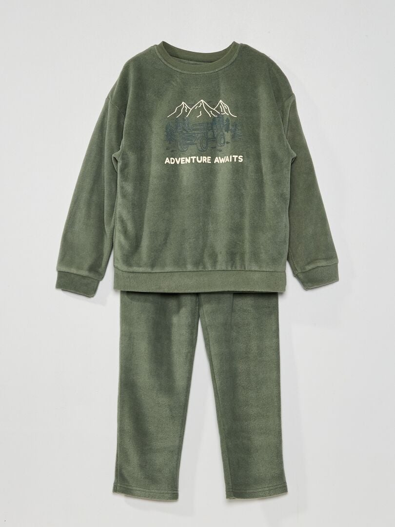 Lange pyjama van fleecestof - 2-delig GROEN - Kiabi