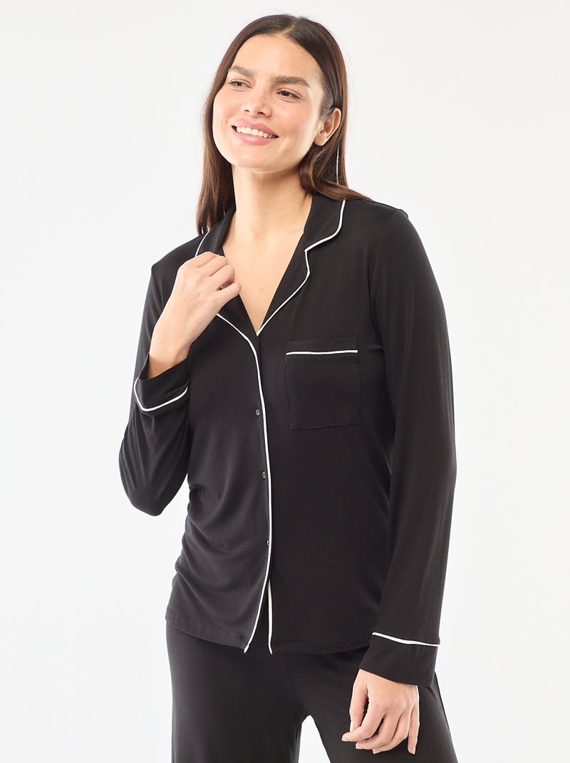 Lange pyjama van zachte stretchtricot - 2-delig zwart - Kiabi