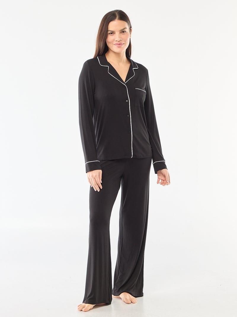 Lange pyjama van zachte stretchtricot - 2-delig zwart - Kiabi