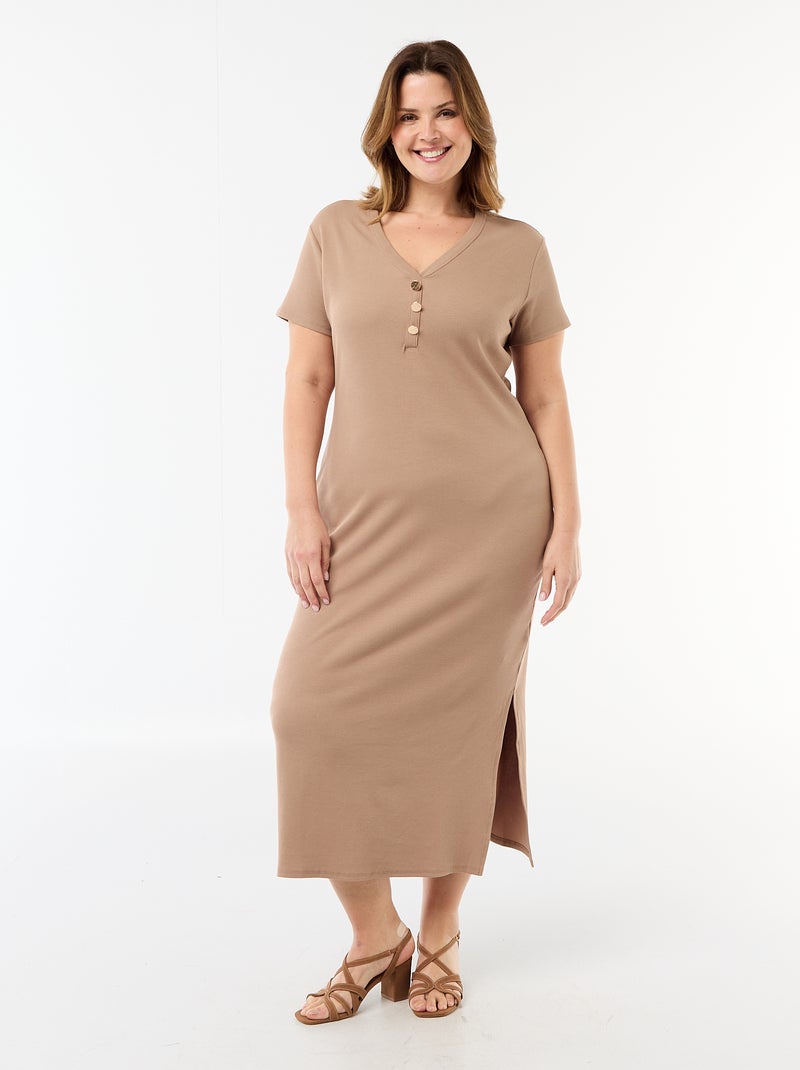 Lange ribgebreide jurk met korte mouwen Bruin - Kiabi