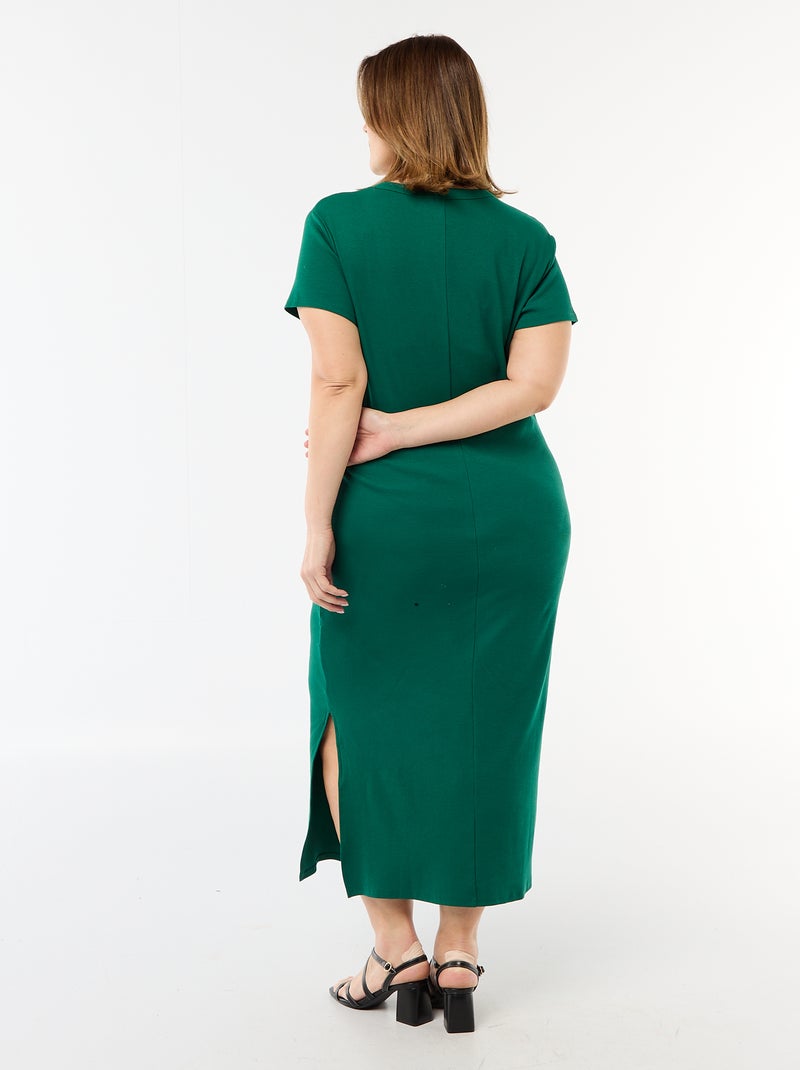 Lange ribgebreide jurk met korte mouwen Groen - Kiabi