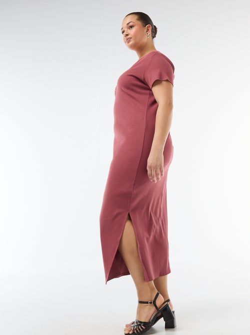 Lange ribgebreide jurk met korte mouwen - Kiabi