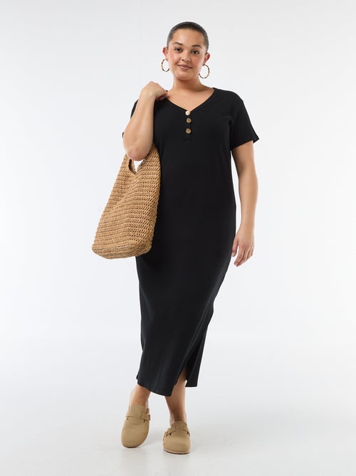 Lange ribgebreide jurk met korte mouwen - Kiabi