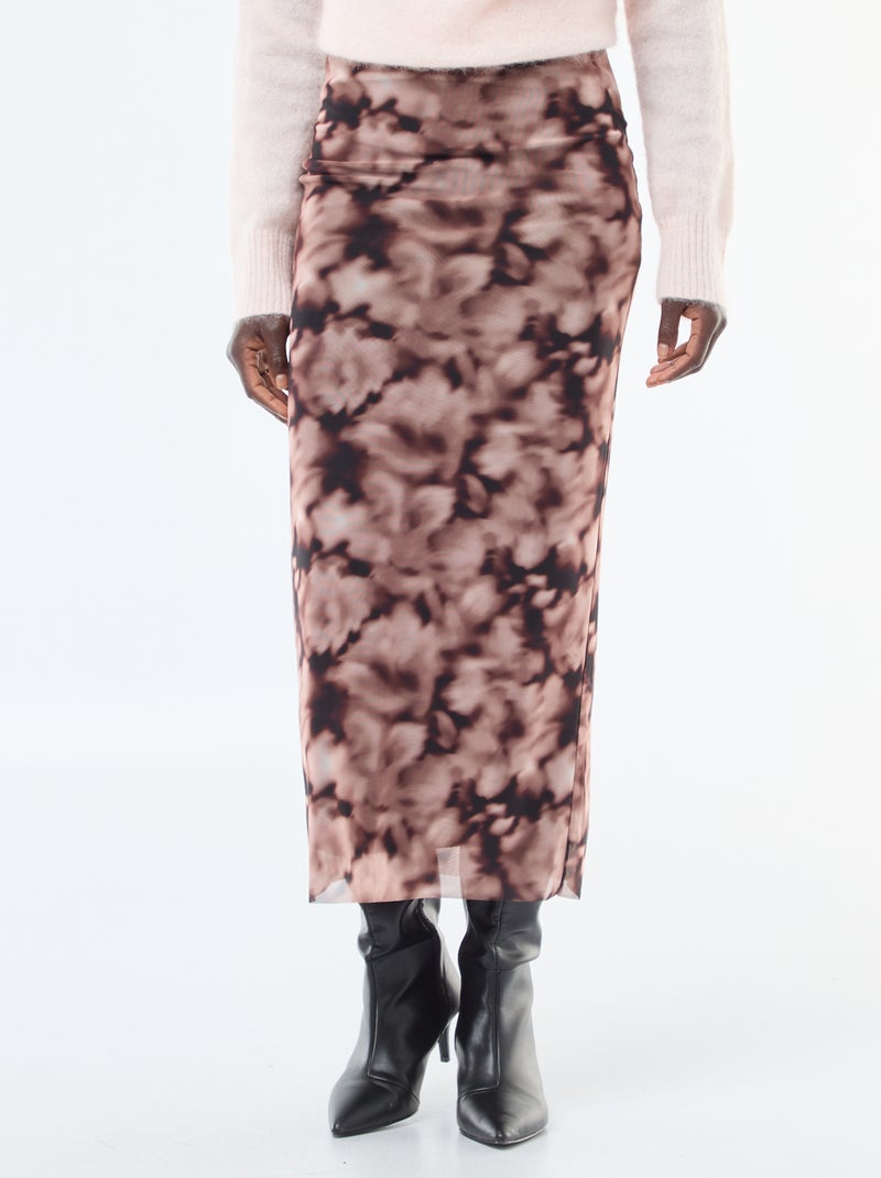 Lange rok van mesh met bloemenprint Bruin - Kiabi