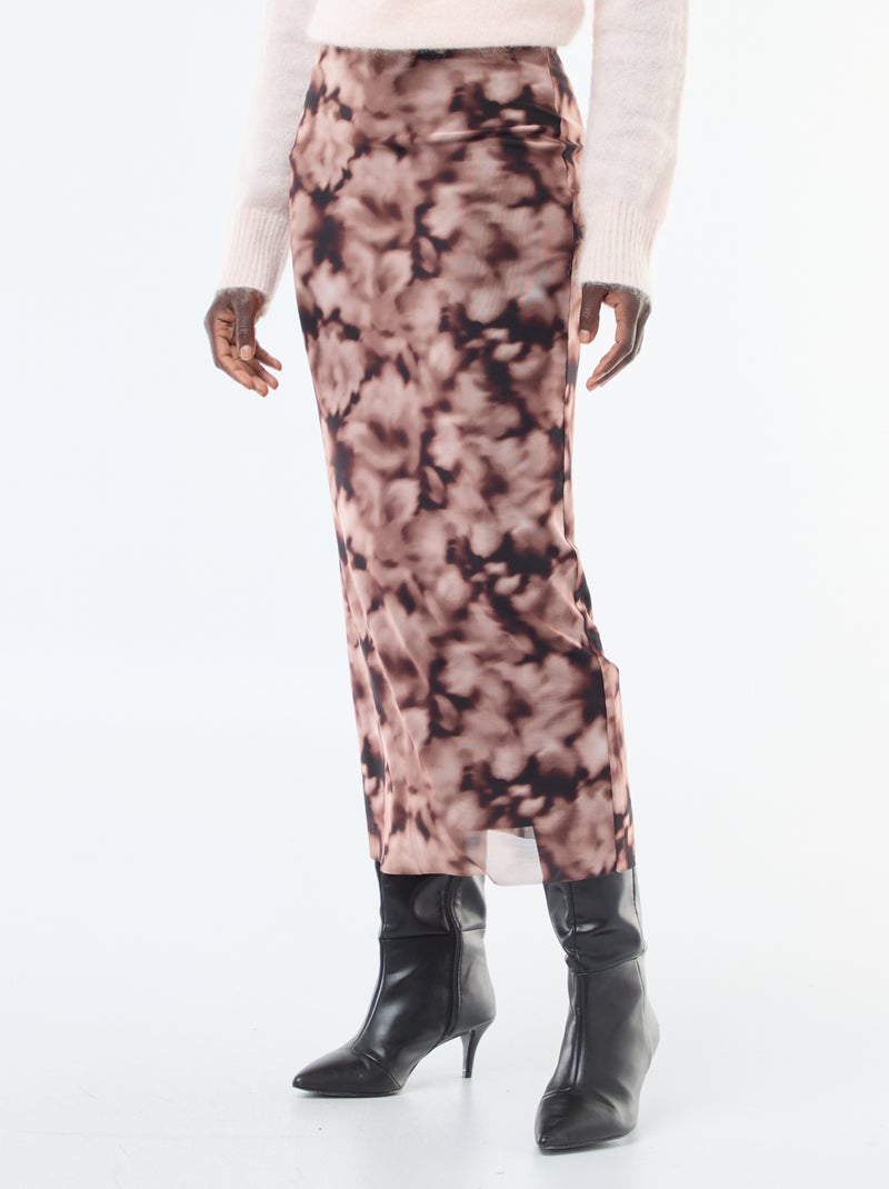 Lange rok van mesh met bloemenprint Bruin - Kiabi