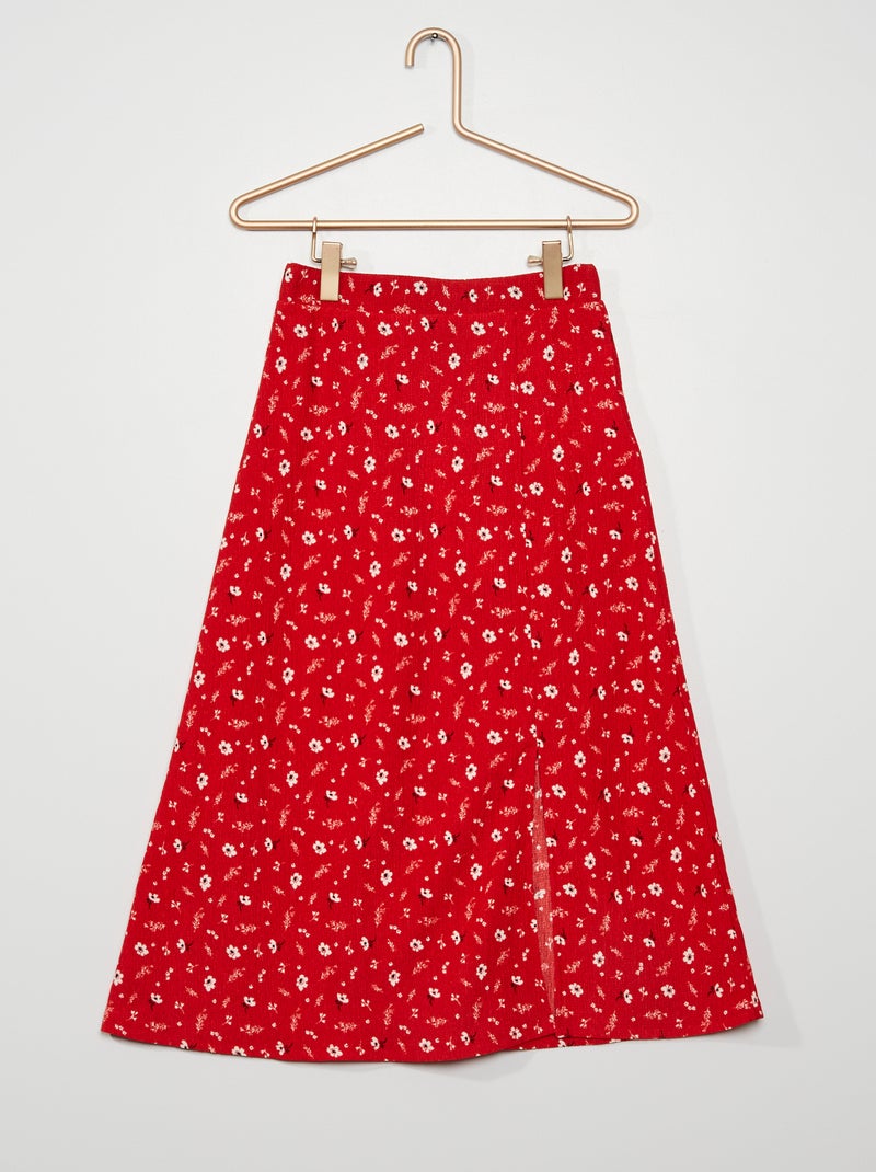Lange rok van wafelstof met split en bloemenprint ROOD - Kiabi