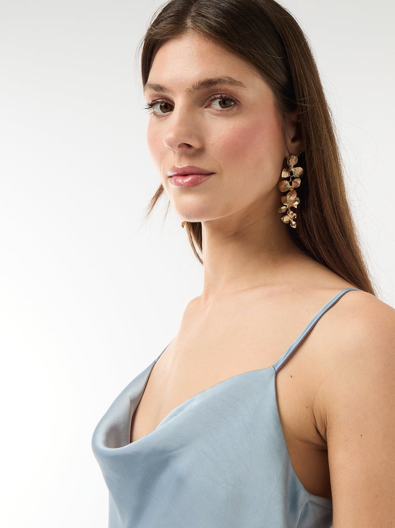 Lange satijnen jurk met fijne schouderbandjes Blauw - Kiabi
