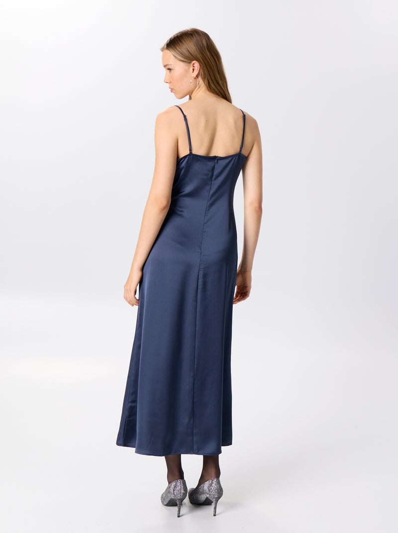 Lange satijnen jurk met kant Blauw - Kiabi
