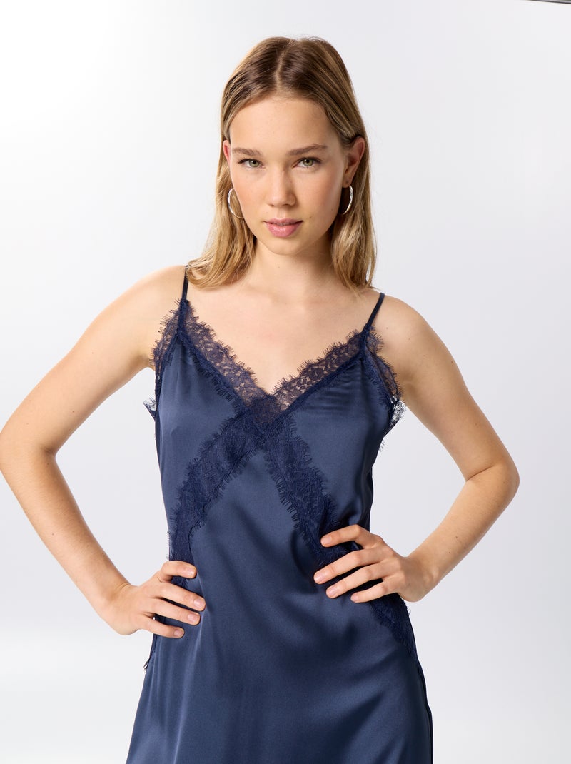Lange satijnen jurk met kant Blauw - Kiabi