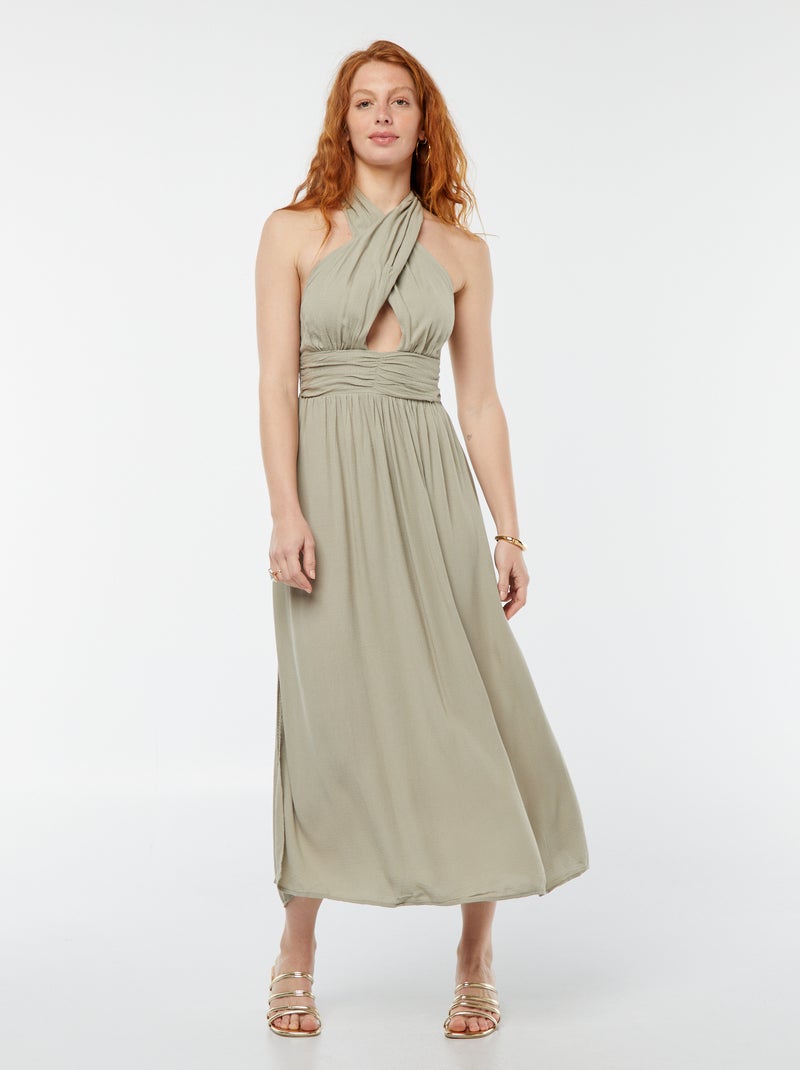 Lange, soepelvallende jurk met wijde halsuitsnijding Kaki - Kiabi