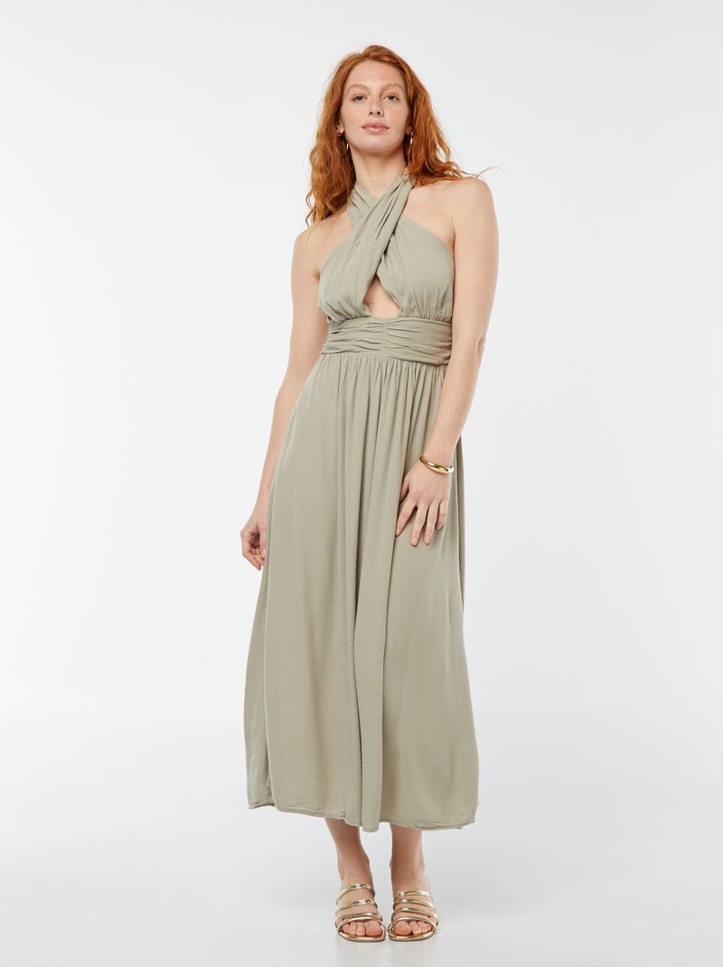 Lange, soepelvallende jurk met wijde halsuitsnijding Kaki - Kiabi