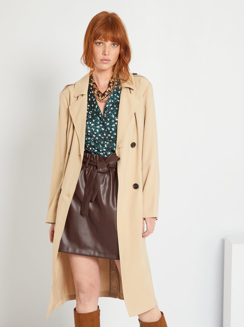 Lange, soepelvallende trenchcoat met riem BIEGE - Kiabi