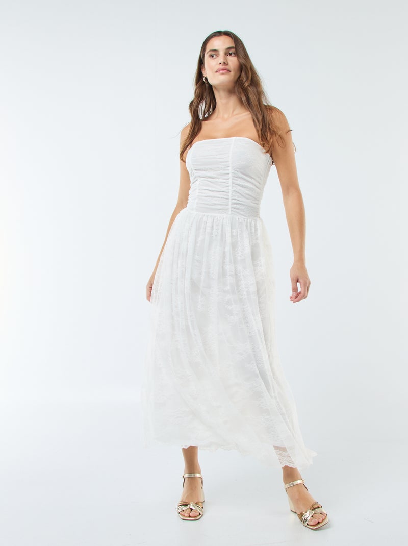 Lange strapless jurk met kant wit - Kiabi
