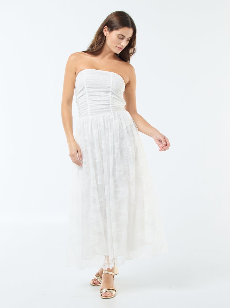 Lange strapless jurk met kant wit - Kiabi