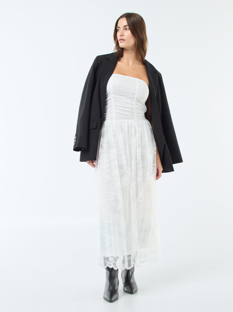 Lange strapless jurk met kant wit - Kiabi