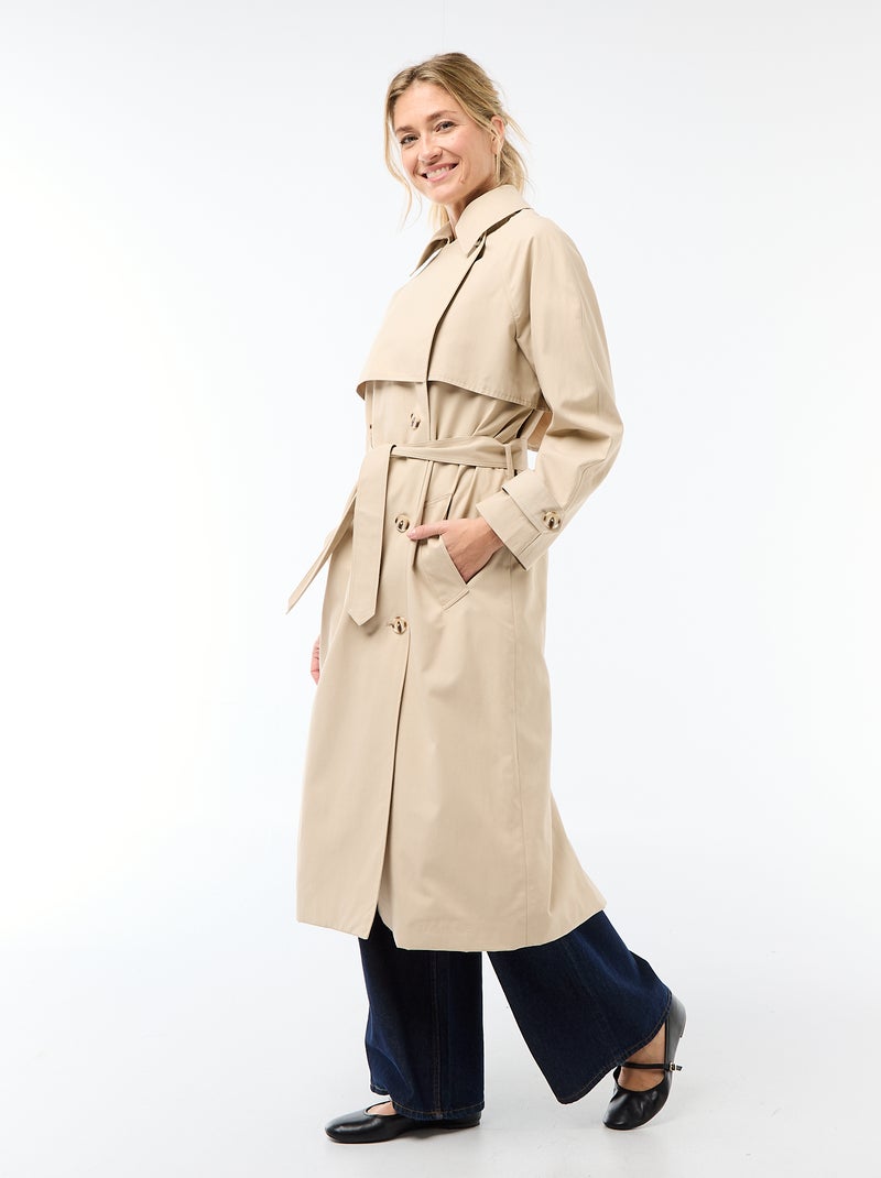 Lange trenchcoat met dubbele knoopsluiting Biege - Kiabi