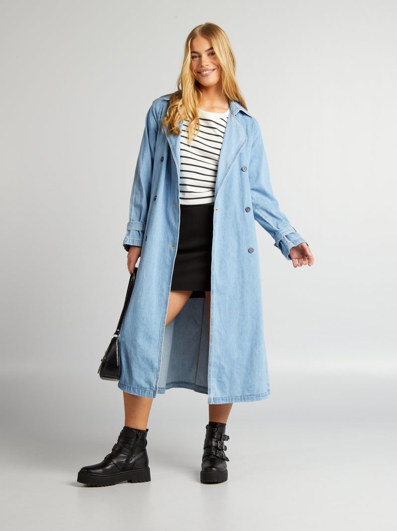 Lange trenchcoat van spijkerstof BLAUW - Kiabi