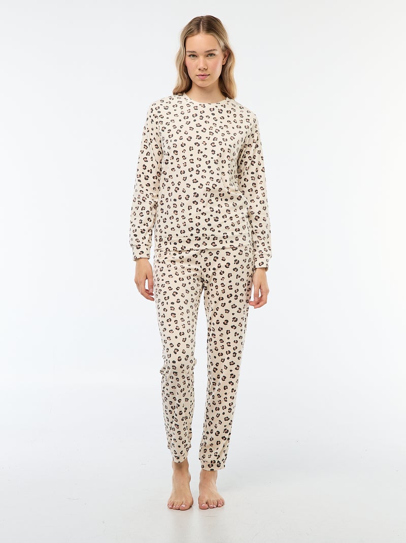 Lange, tweedelige fleecepyjama met T-shirt + broek -  2-delig Bruin - Kiabi